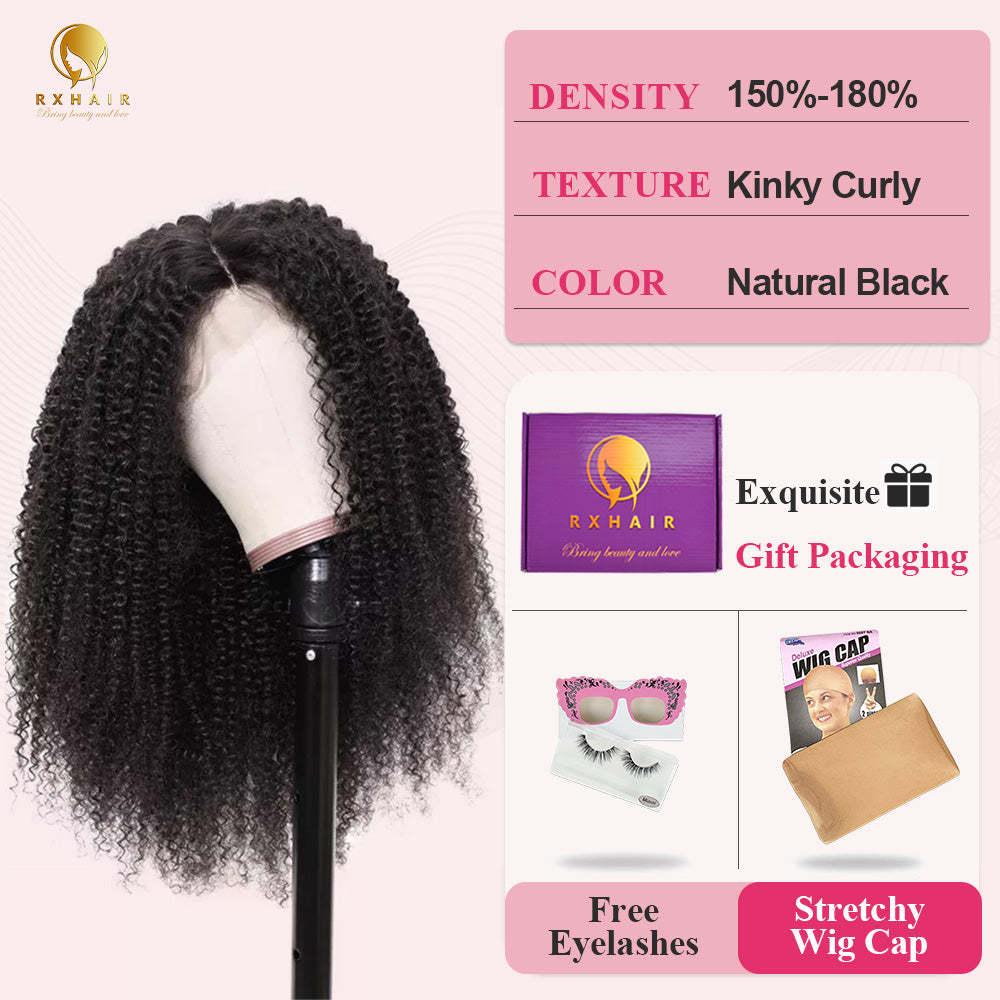 #1B Kinky Curly HD Lace Front Wigs Human Hair 200% Density Transparent Lace Frontal Wigs Pre Plucked With Baby Hair RXHAIR
