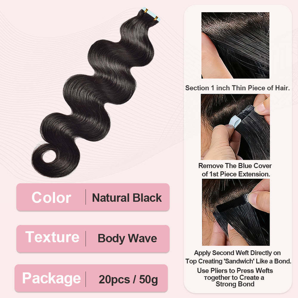 #1B Body Wave Tape in Hair Extensions Human Hair 20pcs 50g/pack Seamless Skin Weft Hair RXHAIR