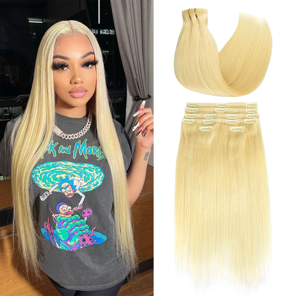#613 Straight Clip in Hair Extensions Real Human Hair PU Seamless Clip ins 6Pcs 110G RXHAIR