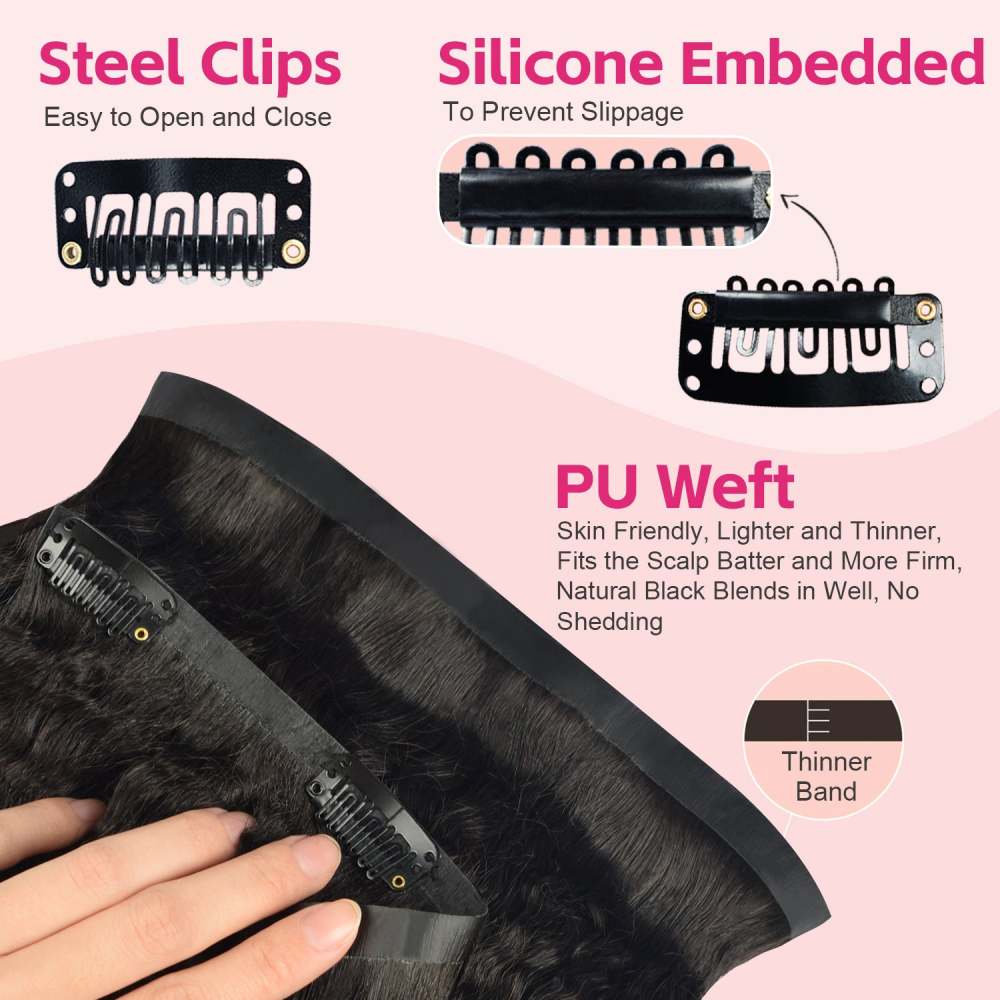 #1B 6Pcs Kinky Straight Clip in Hair Extensions Real Human Hair PU Seamless Clip ins Natural Black 110G RXHAIR