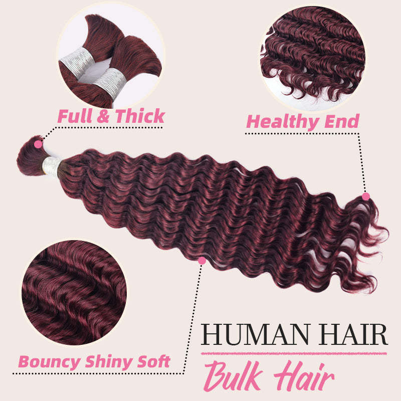 #99J Deep Wave Burgundy Red Boho Braids No Weft Bulk Hair for Human Hair RXHAIR