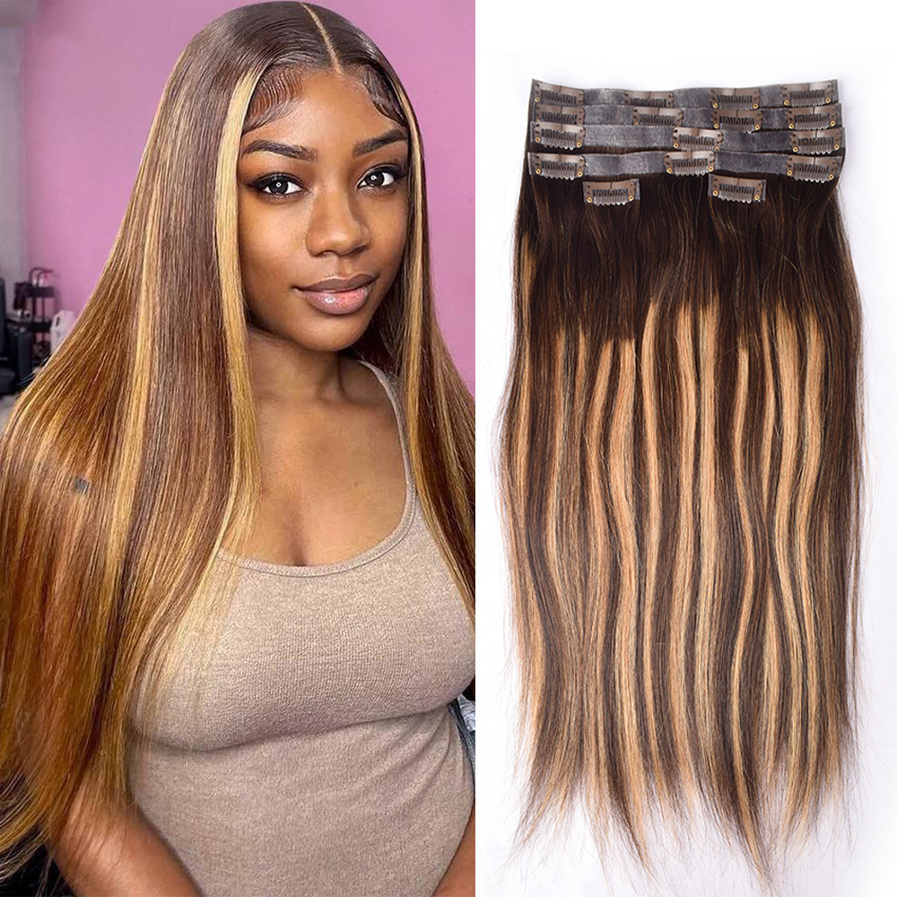 #P4/27/T4 Straight Clip in Hair Extensions Real Human Hair PU Seamless Clip ins 6Pcs 120G RXHAIR