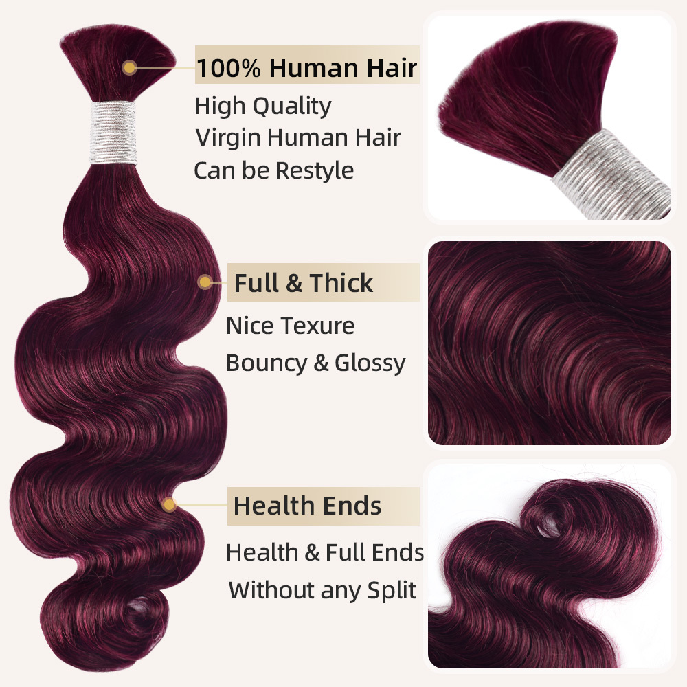 #99J Burgundy Boho Braids Body Wave No Weft Bulk Hair for Human Hair RXHAIR