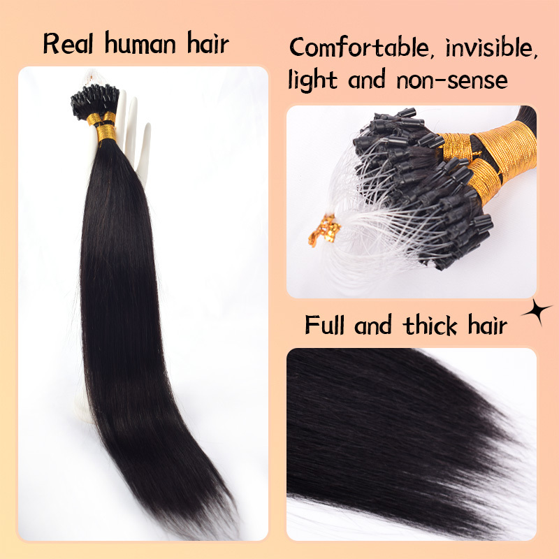 Straight Mirco Ring Hair Extension Real Human Hair Microlink Micro Link Bead Hair Extensions Natural Colour Black