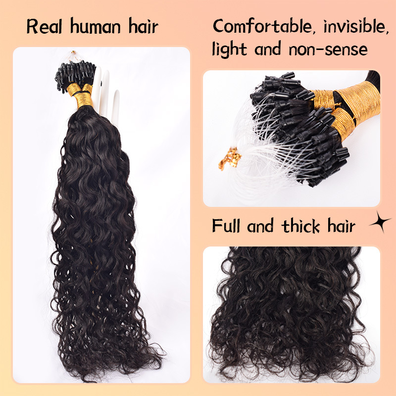 Italian Curly  Mirco Ring Hair Extension Real Human Hair Microlink Micro Link Bead Hair Extensions Natural Colour Black