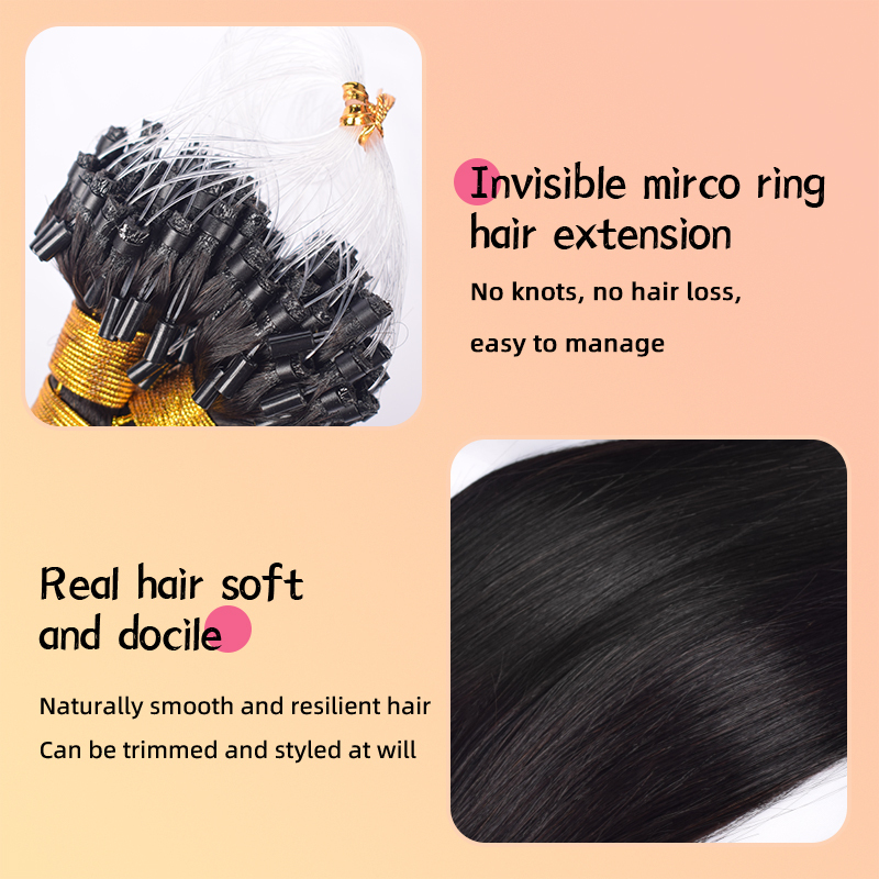 Straight Mirco Ring Hair Extension Real Human Hair Microlink Micro Link Bead Hair Extensions Natural Colour Black