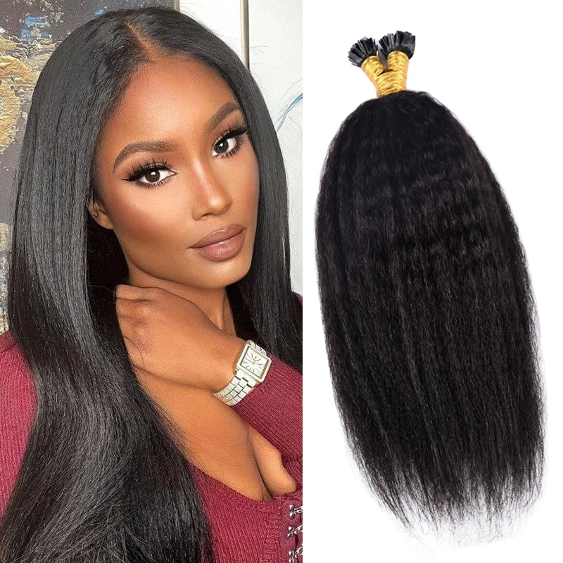 Kinky Straight Flat Tip Hair Extensions Human Hair #1B Natural Color 100% Real Human Hair Brazilian Remy Flat Tips Hair for Women 100g
