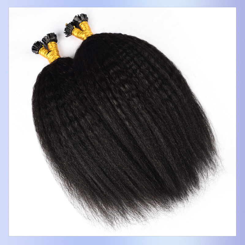 Kinky Straight Flat Tip Hair Extensions Human Hair #1B Natural Color 100% Real Human Hair Brazilian Remy Flat Tips Hair for Women 100g
