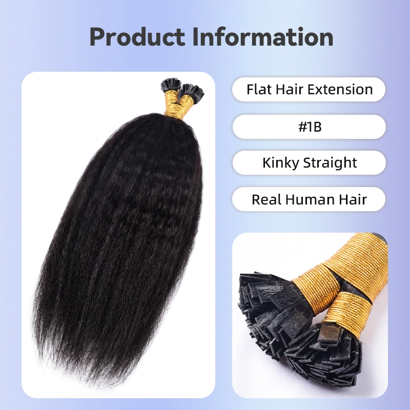 Kinky Straight Flat Tip Hair Extensions Human Hair #1B Natural Color 100% Real Human Hair Brazilian Remy Flat Tips Hair for Women 100g