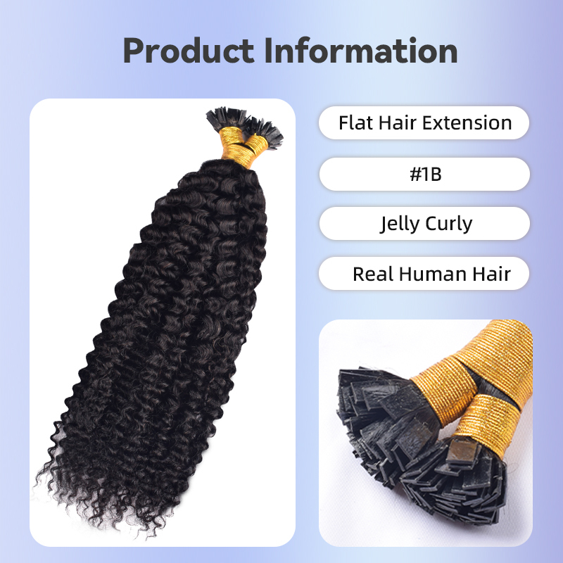 Jerry Curly Flat Tip Hair Extensions Human Hair #1B Natural Color 100% Real Human Hair Brazilian Remy Flat Tips Hair for Women 100g