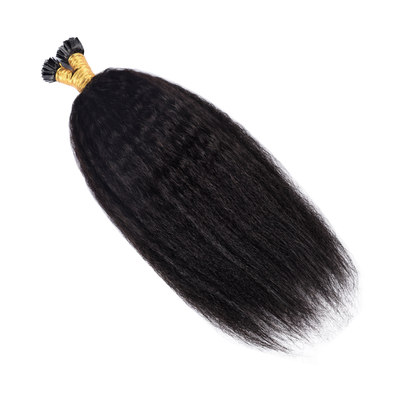 Kinky Straight Flat Tip Hair Extensions Human Hair #1B Natural Color 100% Real Human Hair Brazilian Remy Flat Tips Hair for Women 100g