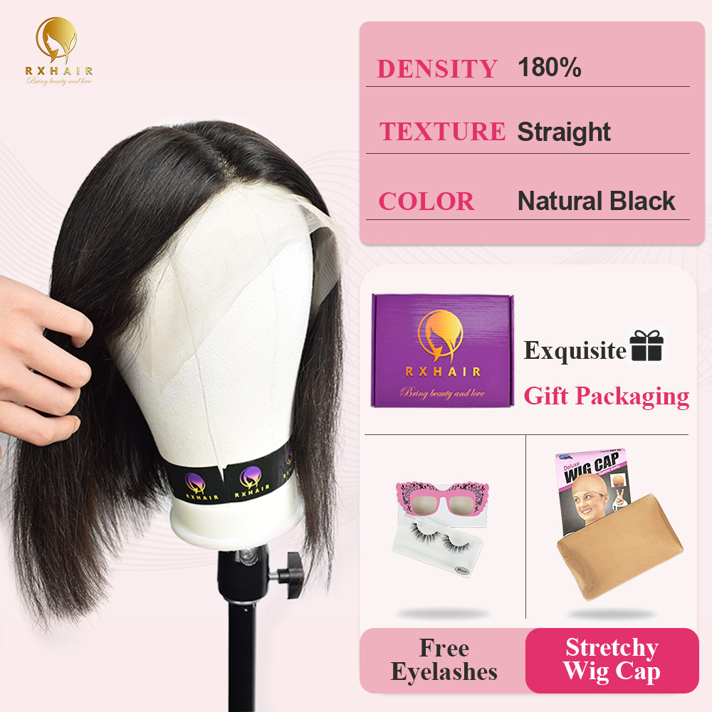 #1B Straight Bob Wig HD Lace Front Wigs Human Hair 180% Density Transparent Lace Frontal Wigs Pre Plucked With Baby Hair RXHAIR