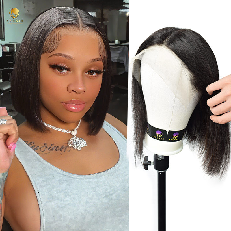 #1B Straight Bob Wig HD Lace Front Wigs Human Hair 180% Density Transparent Lace Frontal Wigs Pre Plucked With Baby Hair RXHAIR