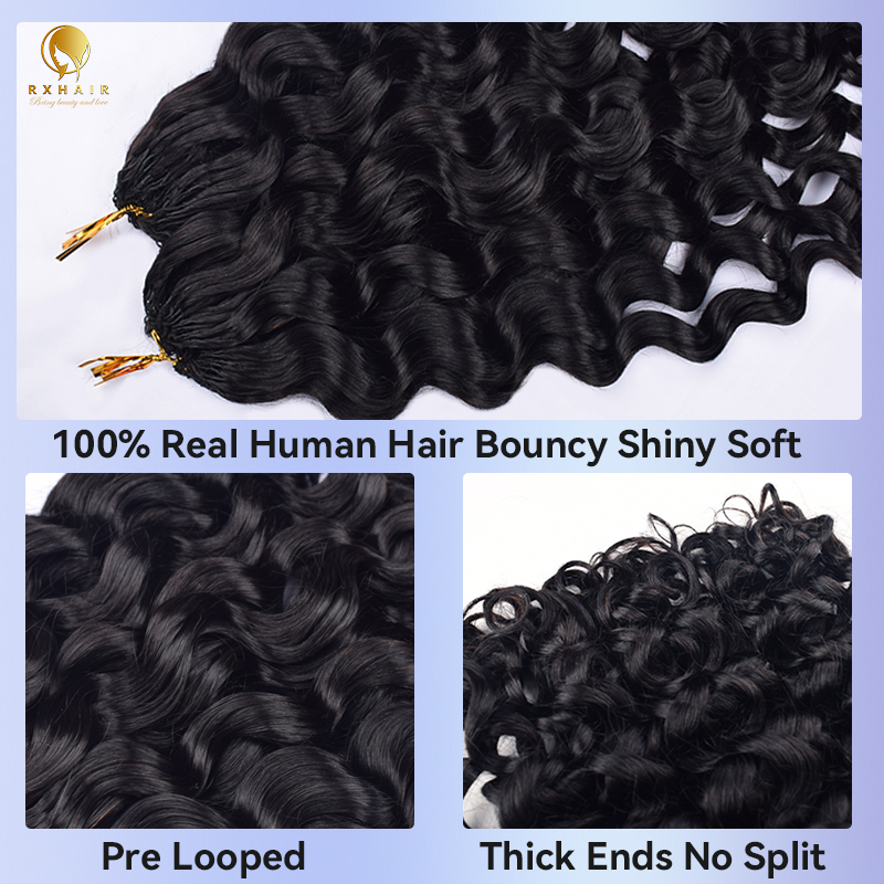 Italian Curly Pre-crochet braids 100% Human Hair  Invisible crochet #1b RXHAIR