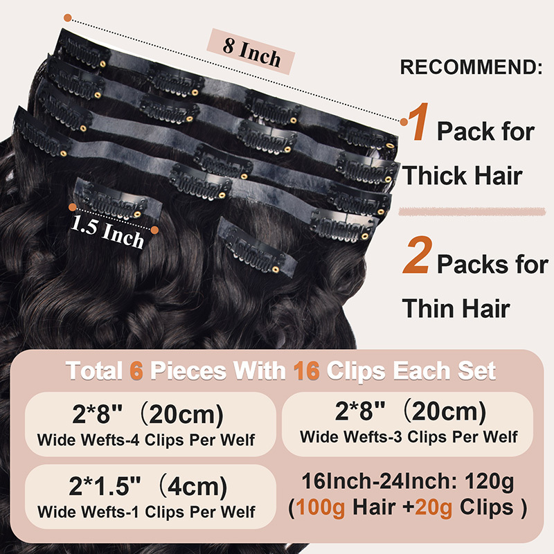 #1B 6Pcs Italian Curly Clip in Hair Extensions Real Human Hair PU Seamless Clip ins Natural Black 110G RXHAIR