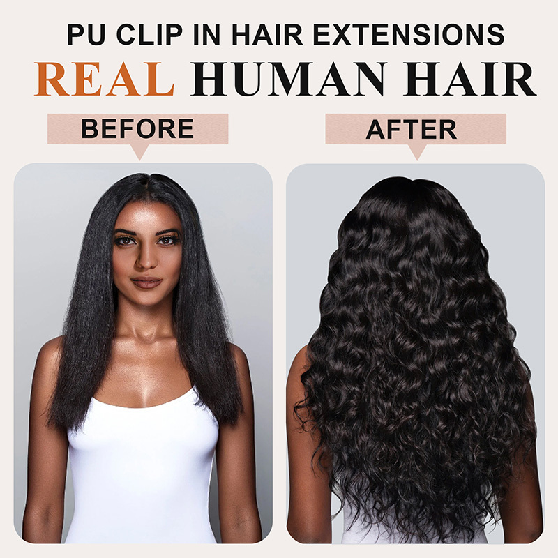 #1B 6Pcs Italian Curly Clip in Hair Extensions Real Human Hair PU Seamless Clip ins Natural Black 110G RXHAIR