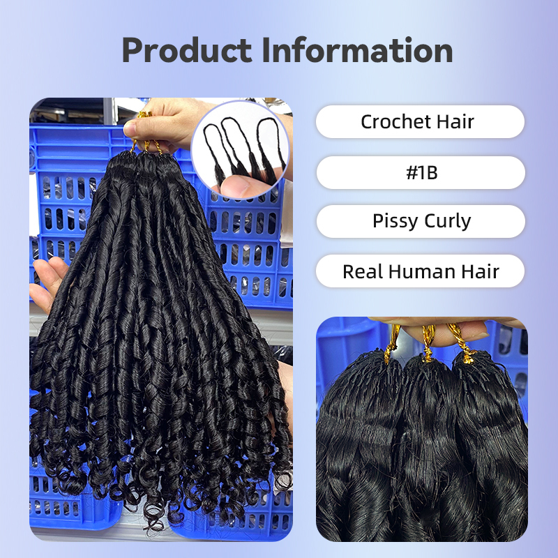 Invisible Crochet Hair Extensions Human Hair Pissy curly Pre-crochet braids #1b RXhair