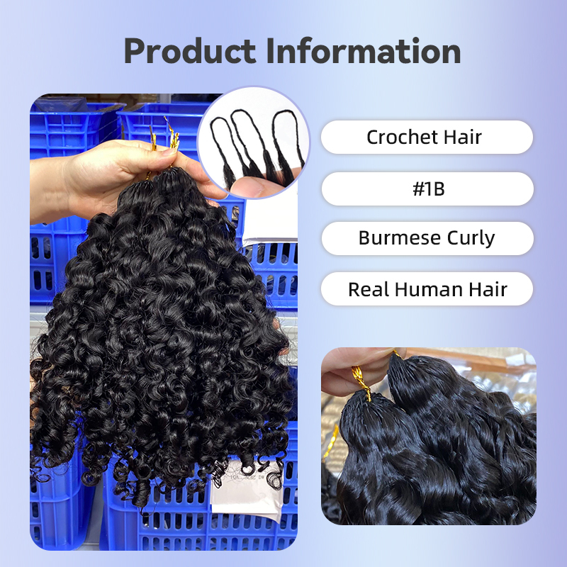 Crochet Hair Burmese Curly 3A  #1b  100% Human Hair Invisible Pre-crochet braids   RXHAIR