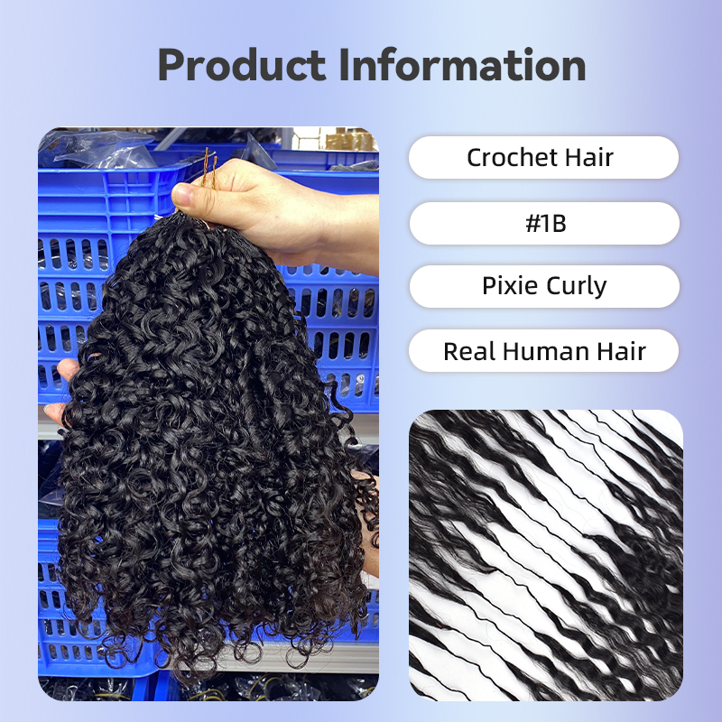 Human hair Invisible crochet hair Extensions Pre-crochet braids Pixie curly #1b RXhair