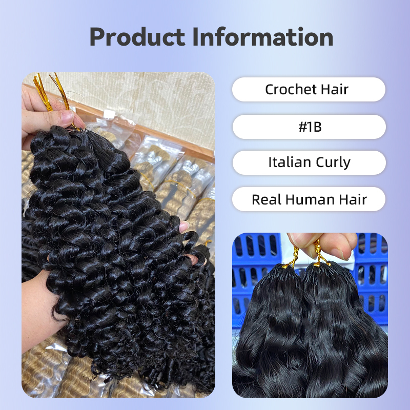 Italian Curly Pre-crochet braids 100% Human Hair  Invisible crochet #1b RXHAIR