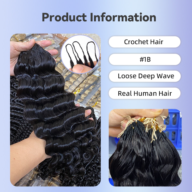Pre-crochet braids Loose Deep Wave #1b 100% human hair RXHAIR