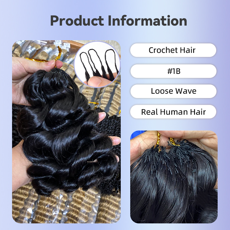 Loose Wave Crochet Hair 100% Human Hair Crochet Braids #1B RXHAIR