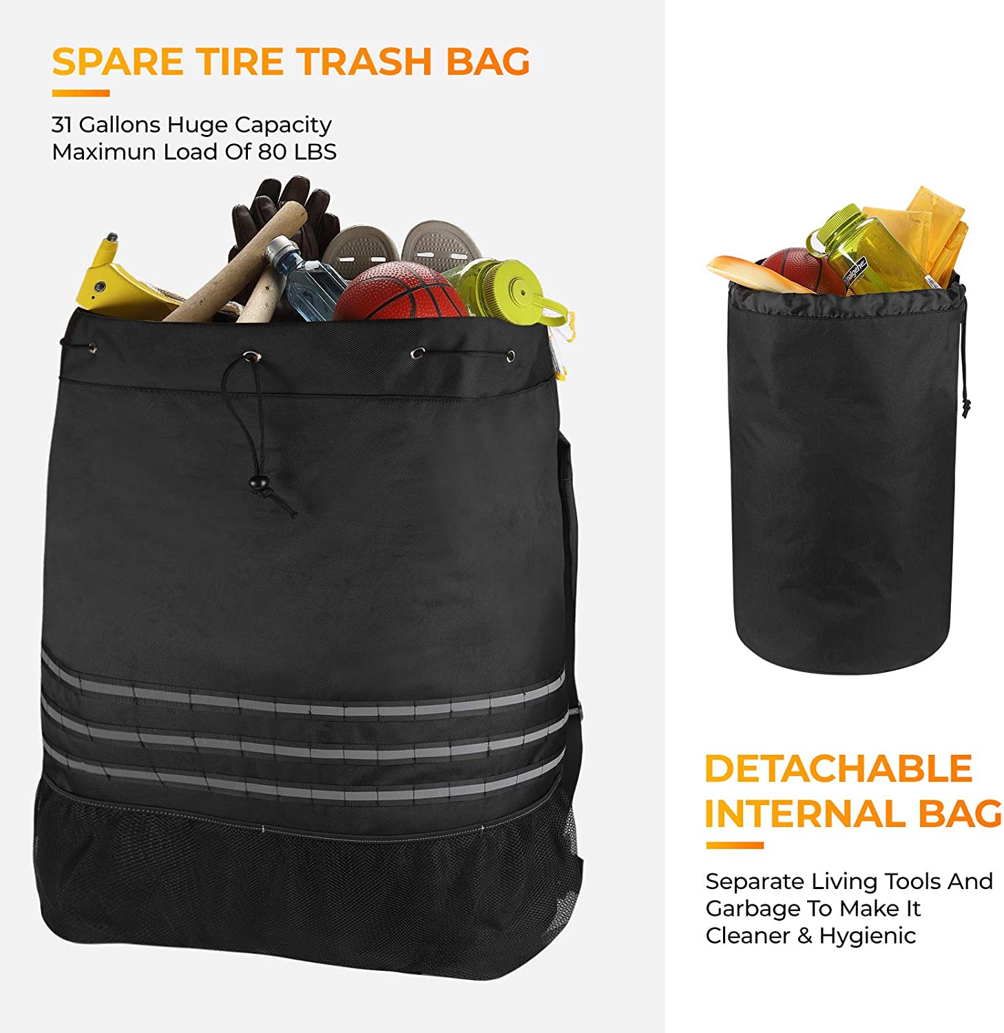 Threewen Outdoor 32L 40"Spare Tire Trash Bag Outdoor offroad Spare Tire Storage Bag SUV Trunk Organizer