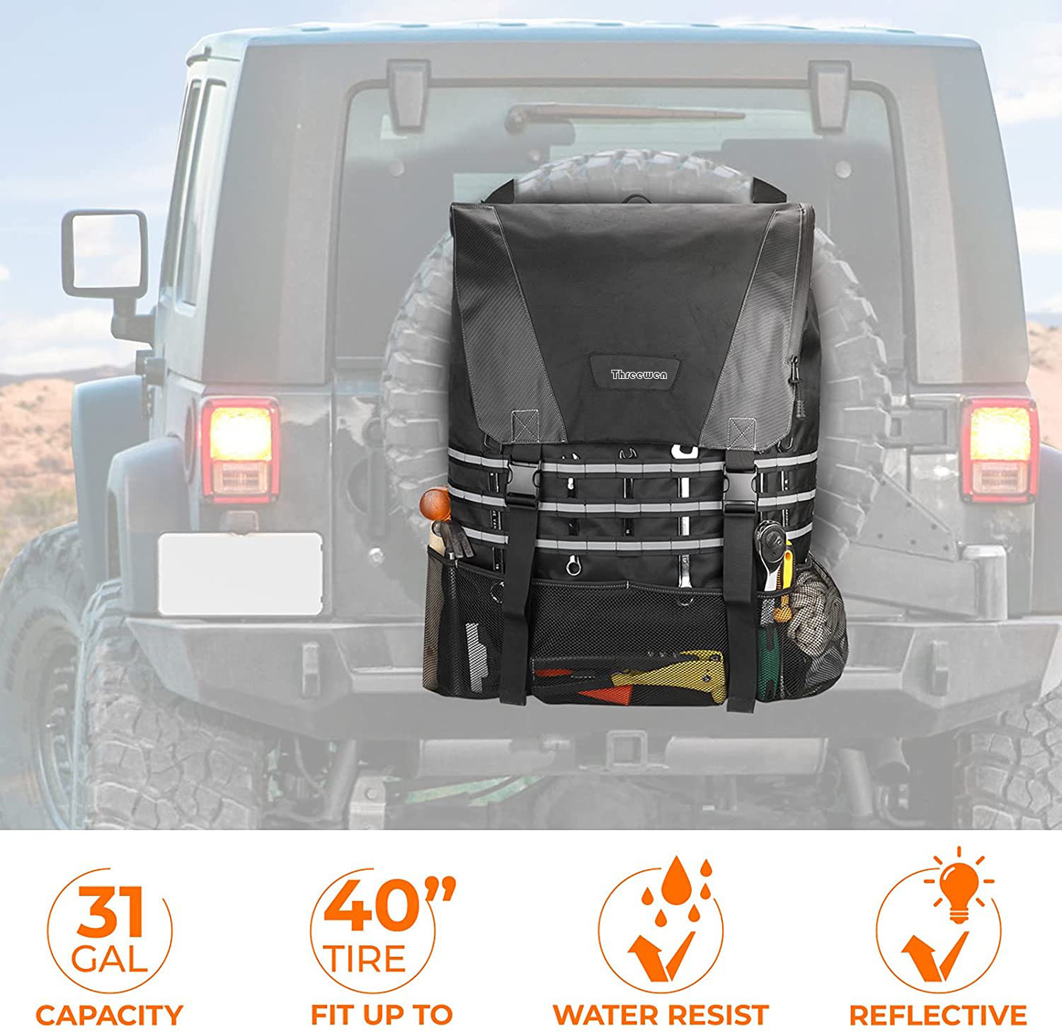 Threewen Outdoor 32L 40"Spare Tire Trash Bag Outdoor offroad Spare Tire Storage Bag SUV Trunk Organizer