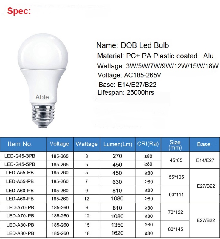 Able Cost-effective DOB 3-15W 12-60V E14/E27/B22 A45 A55 A60 A65 Led Bulbs DOB Led Bulb Lights