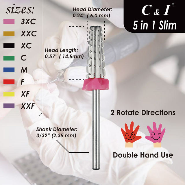 C & I 5 in 1  Nail Drill, Multi-function, Tapered Shape, Slim Barrel, Professional Drill Bit for Nail Manicure Machine