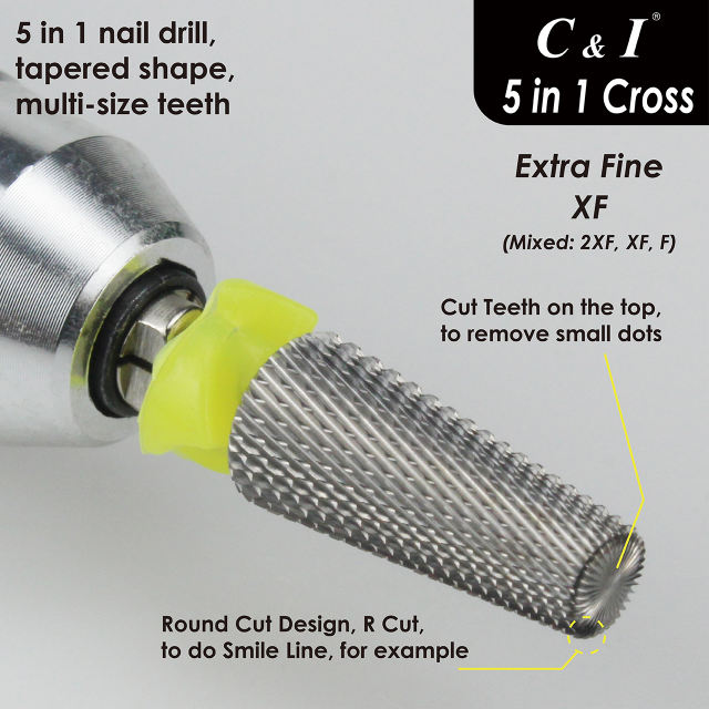 C & I 5 in 1  Nail Drill, Multi-function, Tapered Shape, Cross Cut, Professional Drill Bit for Nail Manicure Machine