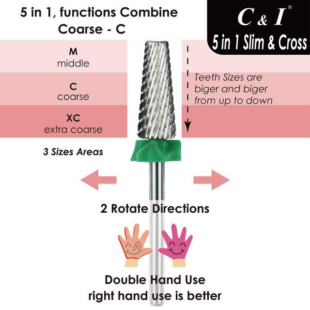 C & I 5 in 1  Nail Drill, Multi-function, Tapered Shape, Slim Barrel, & Cross Cut,  Professional Drill Bit for Nail Manicure Machine