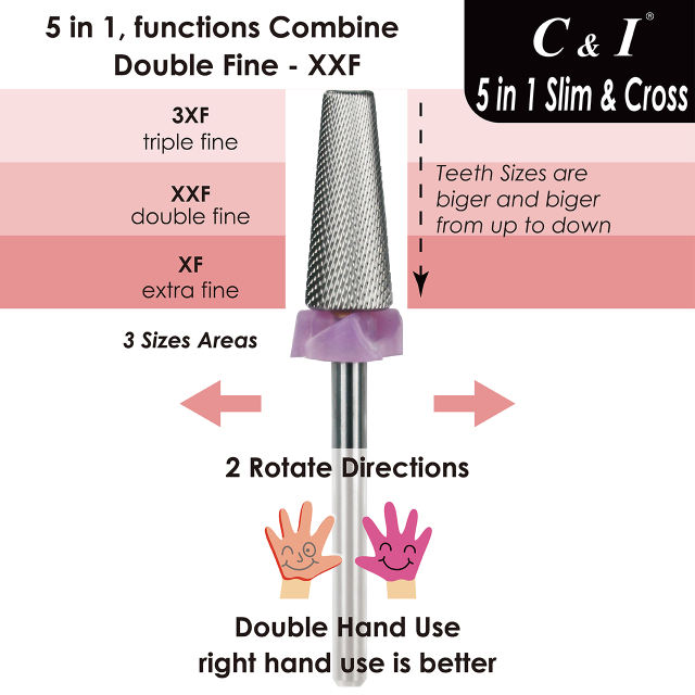 C & I 5 in 1  Nail Drill, Multi-function, Tapered Shape, Slim Barrel, & Cross Cut,  Professional Drill Bit for Nail Manicure Machine