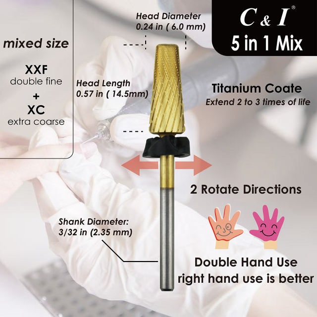 C & I Nail Drill Bits, 5 in 1 Multi-function, 2 Sizes File-Teeth Mixed Edition, E File for Electric Nail Drill Machine