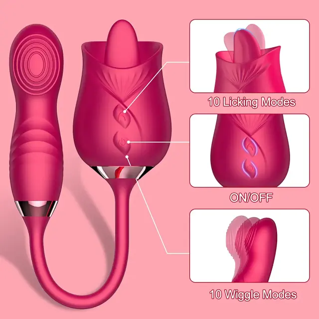 Rose Toy for Woman - Tongue Licking Vibrator Wiggly Dildo Sex Toys with 20 Modes, Oral Sex Toy Clitoris Nipple Sex Stimulator with Butt Plug Sex Toys for Women Couples, Red