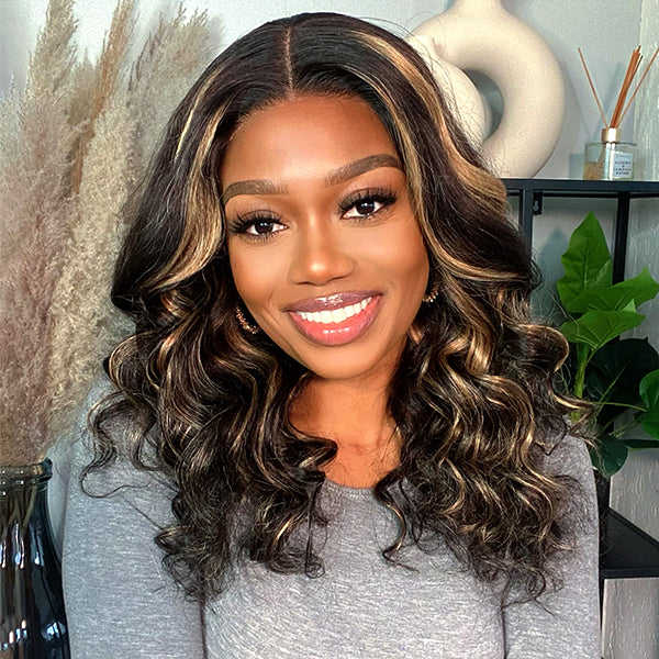4x4 Blonde Highlights Loose Wave Glueless Lace Closure Wig