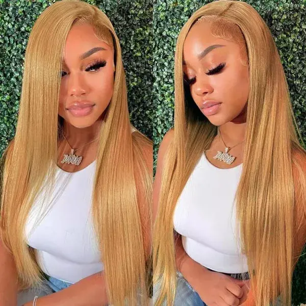 Honey Blonde Virgin Human Hair Glueless Straight Wig13X4 Lace Front