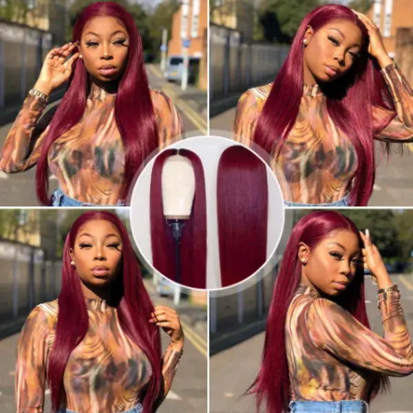 Silky Straight Human Hair Customized 99J Burgundy Color 5x5 Lace Closure Wigs