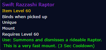 [WoW Classic ERA] Swift Razzashi Raptor (Rare Drop Mount)