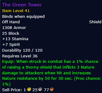 [WoW Classic ERA] The Green Tower Item Level 41 (Off Hand- Shield)