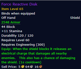 [WoW Classic ERA] Force Reactive Disk Item Level 65 (Off Hand- Shield)