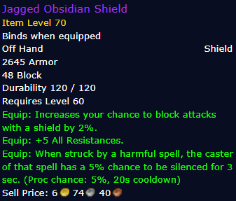 [WoW Classic ERA] Jagged Obsidian Shield Item Level 70 (Off Hand- Shield)