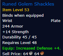 [WoW Classic ERA] Runed Golem Shackles Item Level 53 (Plate Wrist)