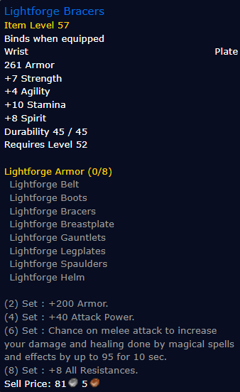 [WoW Classic ERA] Lightforge Bracers Item Level 57 (Plate Wrist)