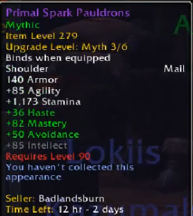 Primal Spark Pauldrons -Mythic Mail Shoulders -iLvl 279  with high mastery/small haste and avoidance