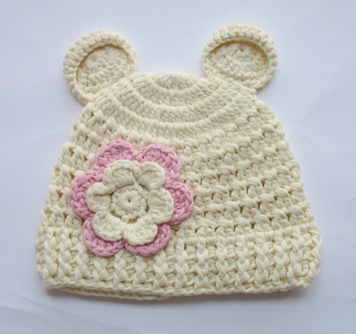 Hand-Knit Bear-Eared Baby Girl Beanie