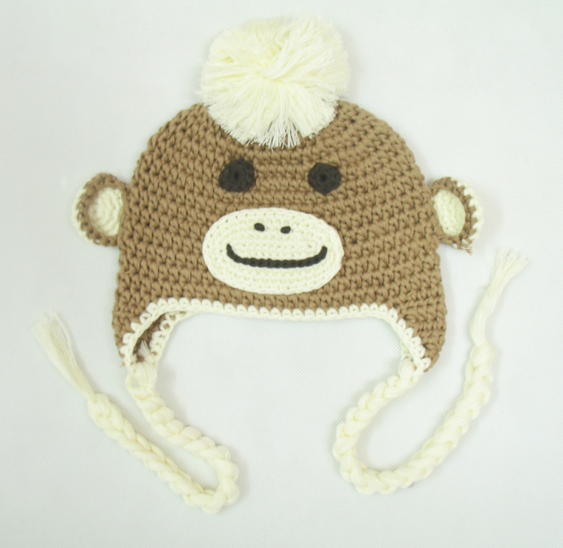 Hand-Knit Baby Pom-Pom/Bow Monkey Trapper Hat