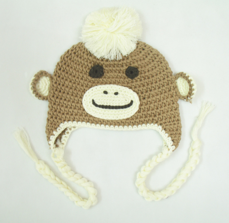 Hand-Knit Baby Pom-Pom/Bow Monkey Trapper Beanie