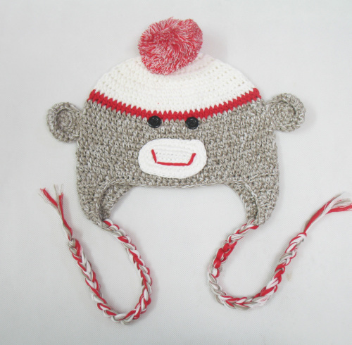 Hand-Knit Baby Pom-Pom/Bow Monkey Trapper Beanie