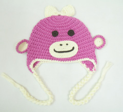 Hand-Knit Baby Pom-Pom/Bow Monkey Trapper Hat
